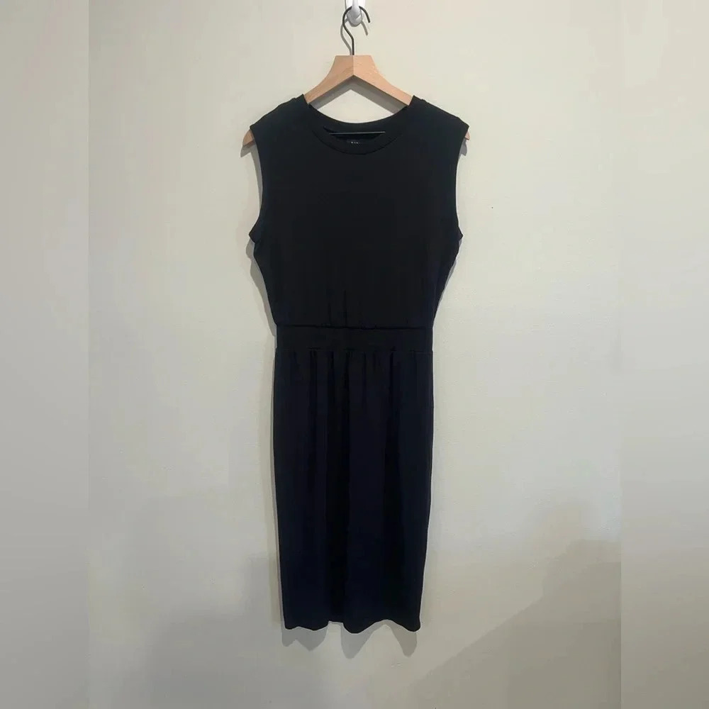 Athleta Santorini Cinch Dress Travel Stretch Casual Athleisure Midi Black  S